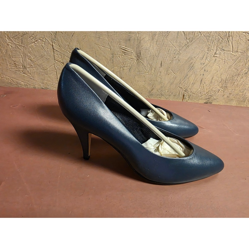 Newport News Navy Blue Leather Pumps Pointed Toe Stiletto Heels Womens 7M